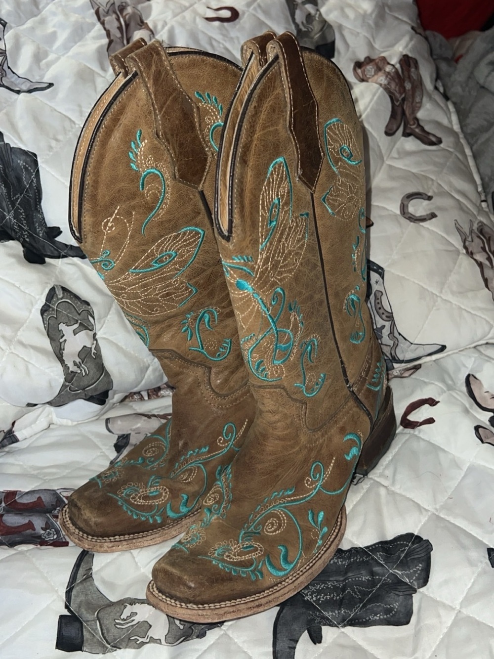 Brown Western Embroidered Cowgirl Boots with Teal Accents - Picture 1 of 3